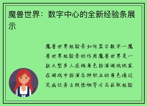 魔兽世界：数字中心的全新经验条展示